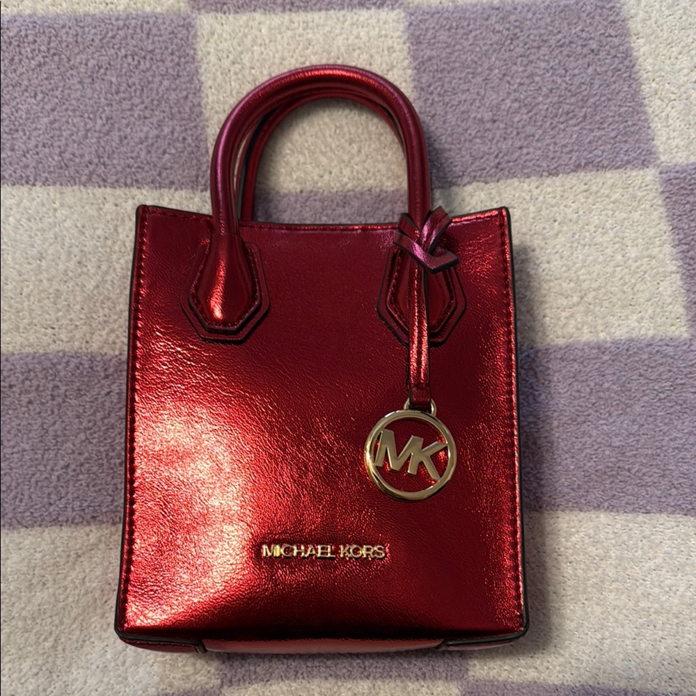 Michael Kors Red Mini Bag with Glossy Finish and Gold Accents